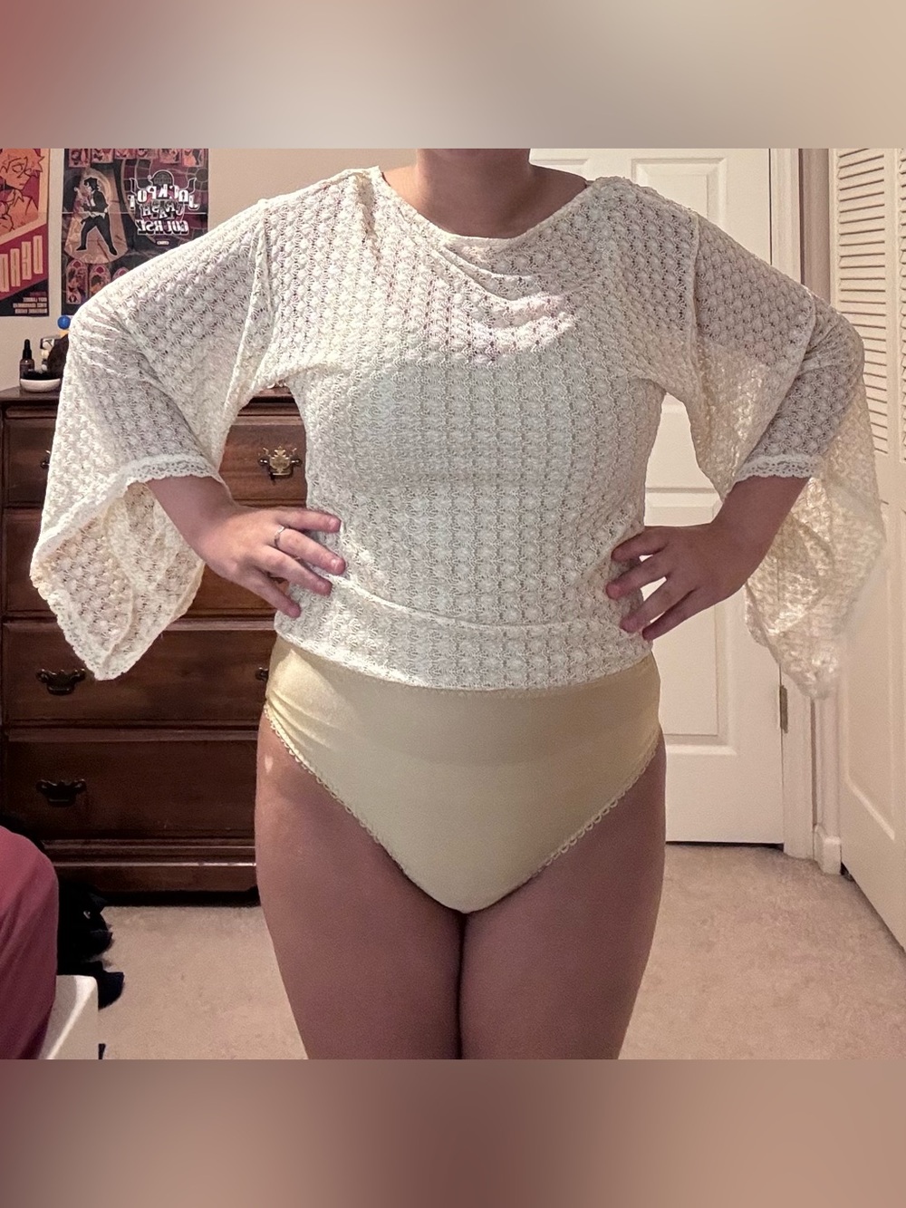 Joyfolie Lace Bodysuit Top in Light Cream